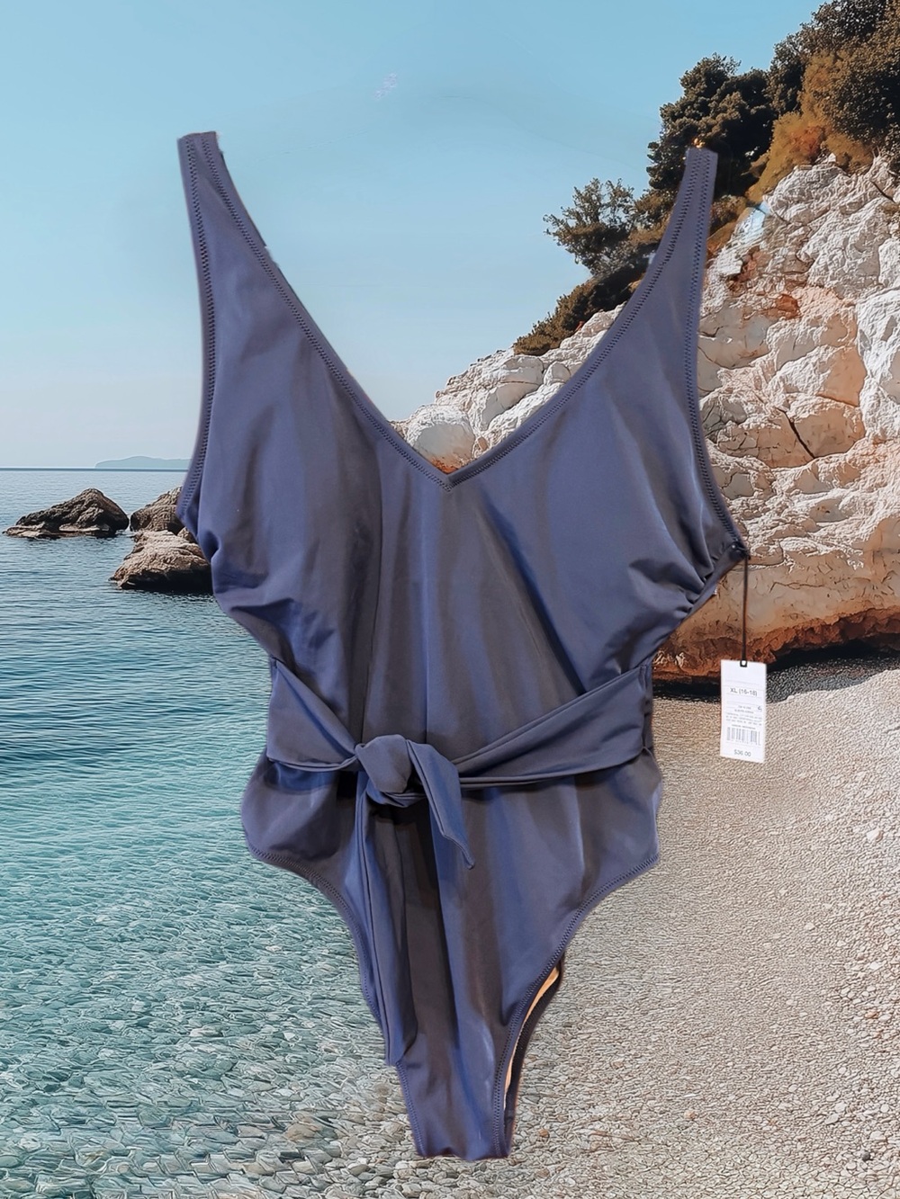 Shade & Shore NWT Slate Gray V-Neck One-Piece Swimsuit w Self-Tie Waist sz XL **